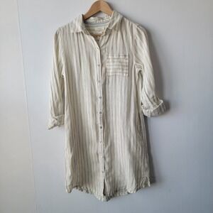 C&C California womens striped 100% linen shirt dress sz S roll-tab sleeve costal